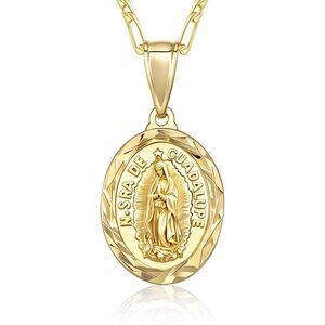 Catholic Virgin Mary Necklace 14K Gold Round Plated Guadalupe Pendant Women Gift